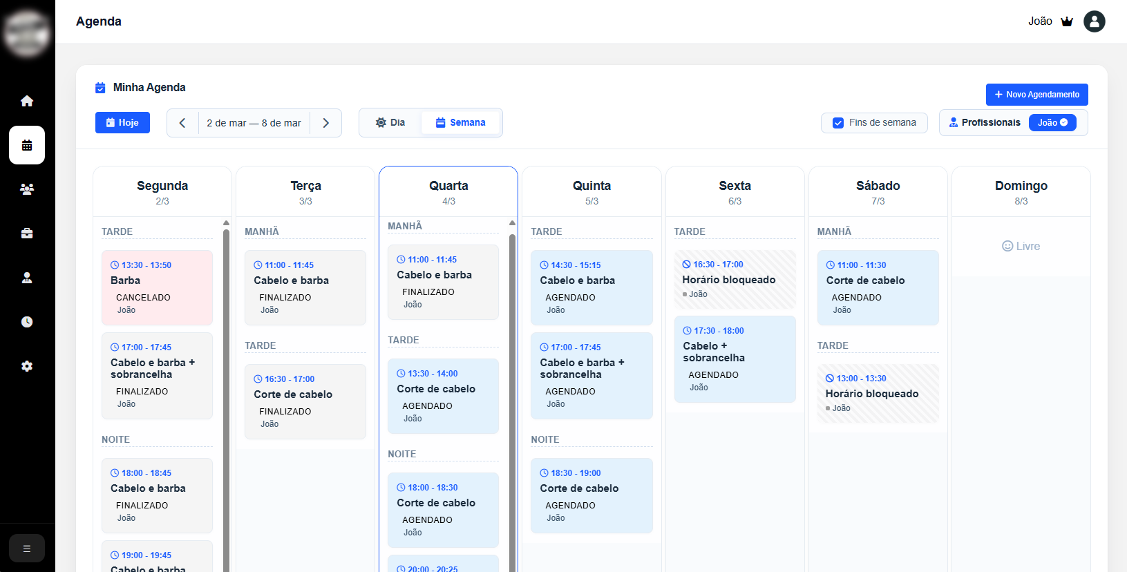 Visão da agenda semanal no sistema